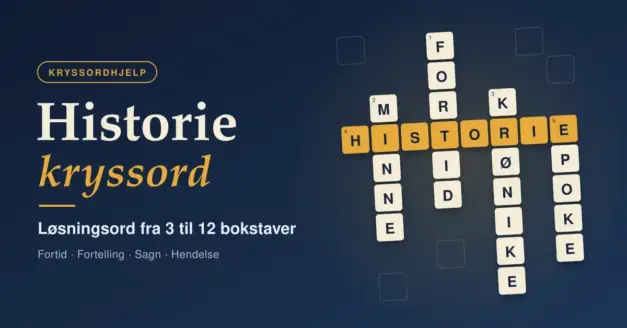 Kryssordgrafikk på mørkeblå bakgrunn med teksten «Historie kryssord – løsningsord fra 3 til 12 bokstaver» og et rutenett der HISTORIE krysser FORTID, MINNE, KRØNIKE og EPOKE.