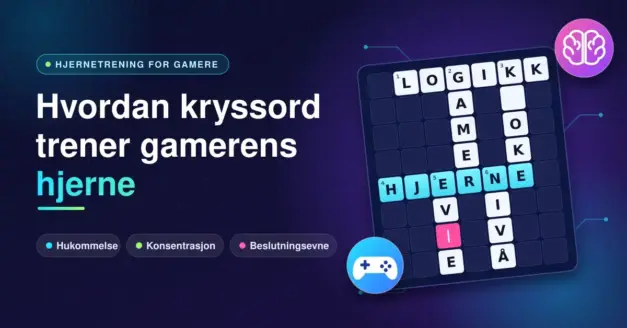 Illustrasjon med et kryssord der ordene HJERNE, LOGIKK og GAMER er fylt inn, sammen med ikoner av en hjerne og en spillkontroll og teksten «Hvordan kryssord trener gamerens hjerne».